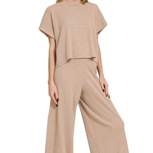 Zenana Tan 2-Piece Matching Lounge Set Medium | Boxy Top Wide Leg Pants NWT